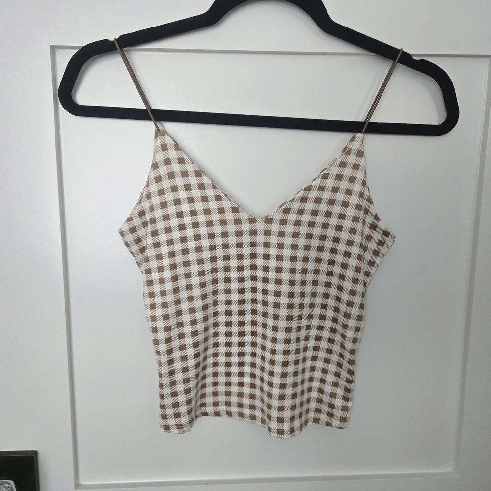 Gaze XS Brown and White Gingham Fitted Long Crop Top Spaghetti Straps